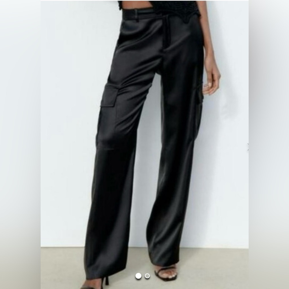 Zara Black Satin Effect Cargo Pants